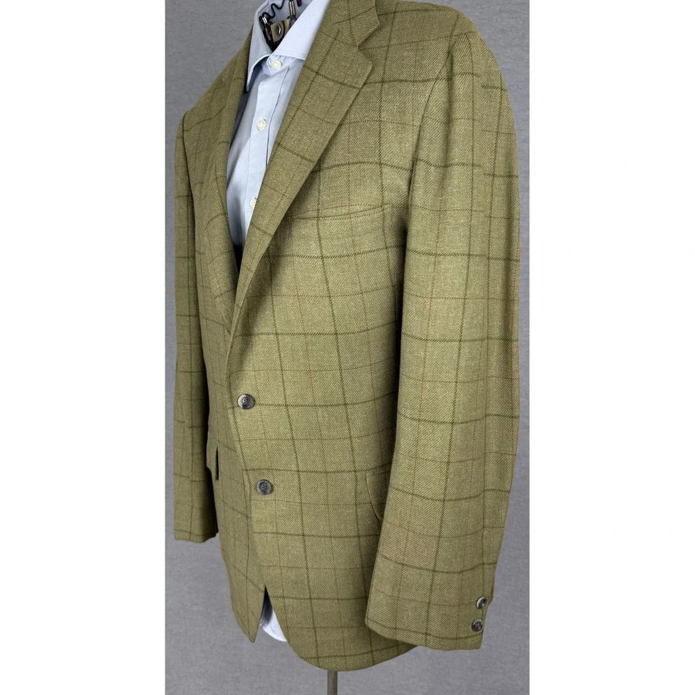 Vintage 60s Bespoke Olive Green Windowpane Wool Sport Coat 44 L